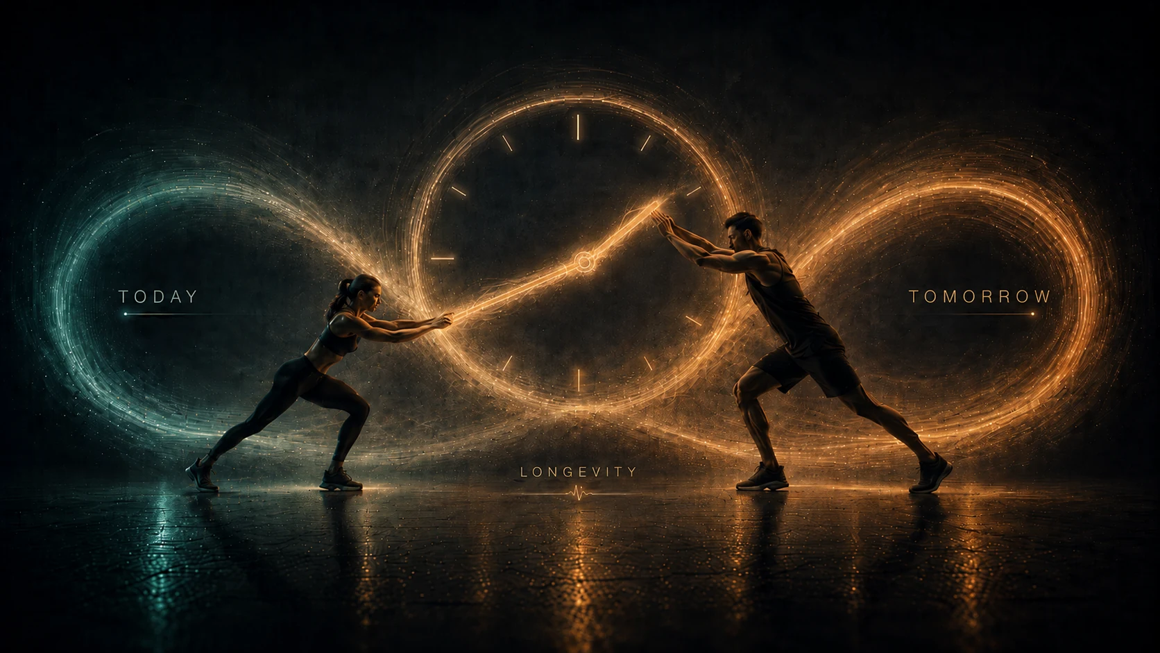Two people training against an illuminated timeline and longevity motif